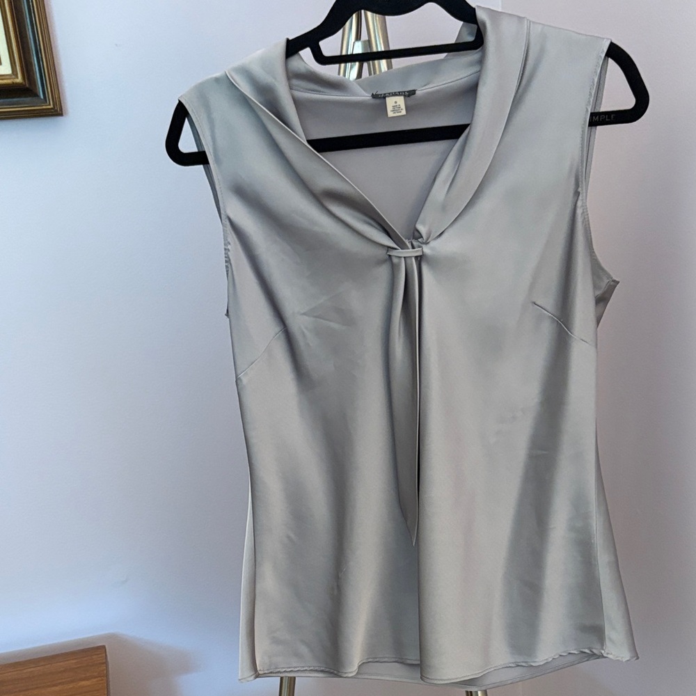 Sleeveless Satin Tie-Neck Blouse - Light Gray
